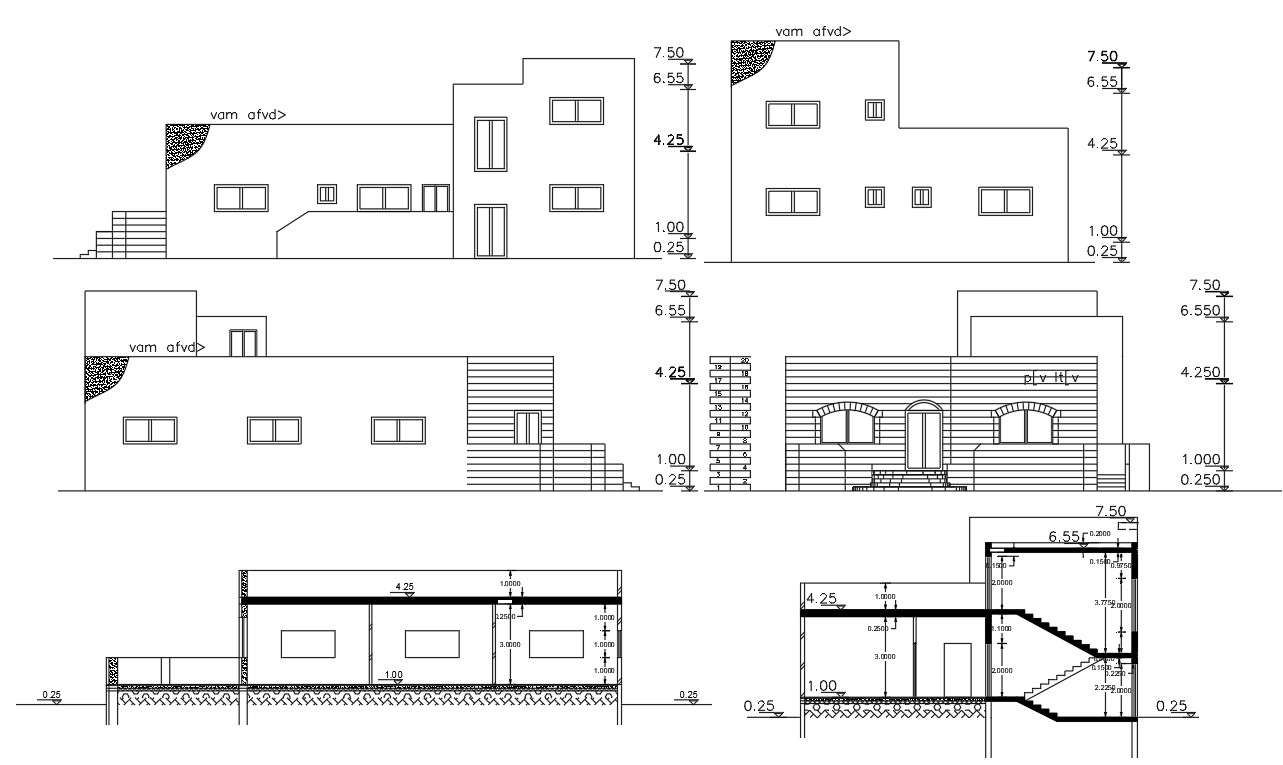 Architectural Bungalow Elevations And Sections AutoCAD File Cadbull