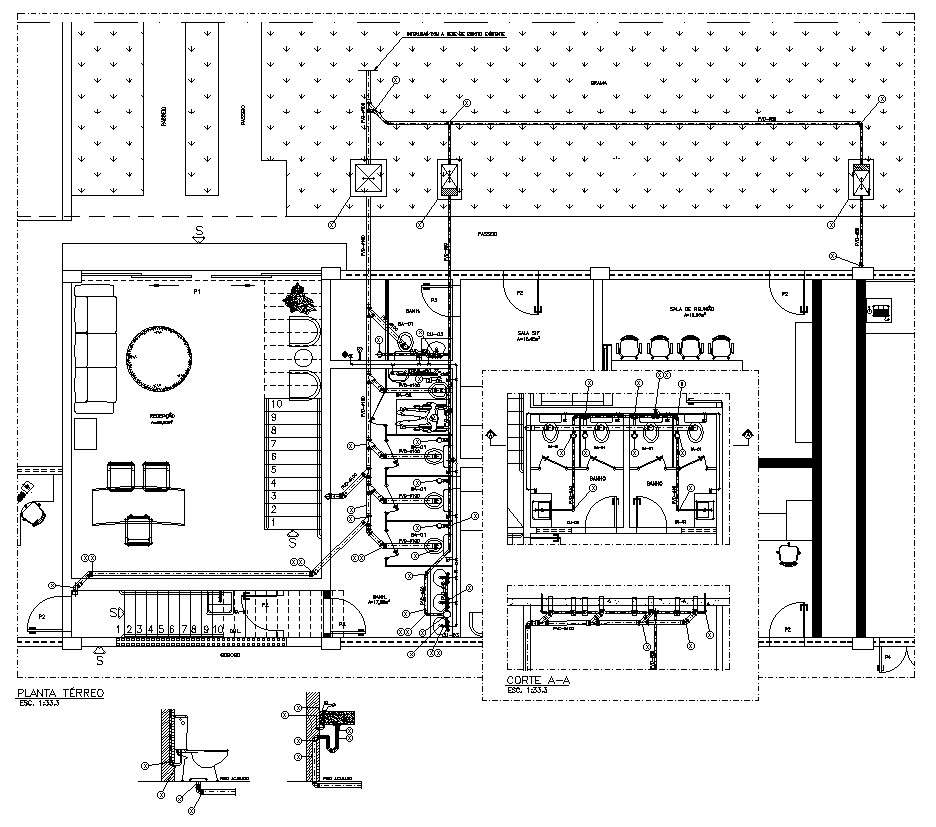 Drainage Water Pipeline Details For A Ground Floor Plan Layout Given In