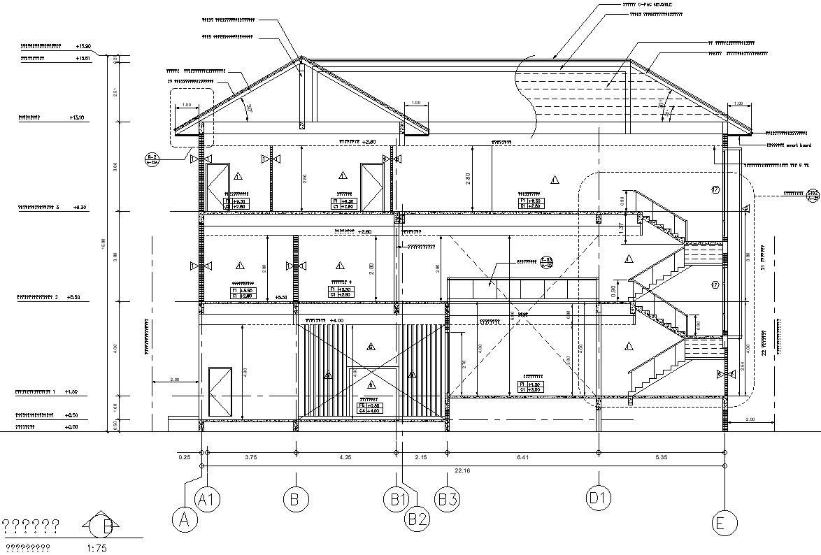 Front Sectional Elevation Of Story Bungalow With Dimension Detail In