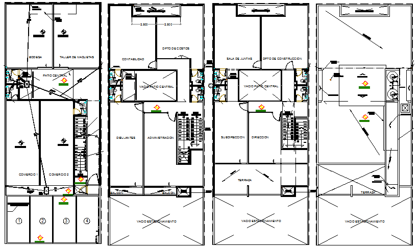 Ground First Second And Top Floor Layout Plan Of Office Building Dwg