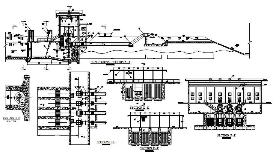 Longitudinal Section Of Drainage Pumping Station In AutoCAD 2D Drawing