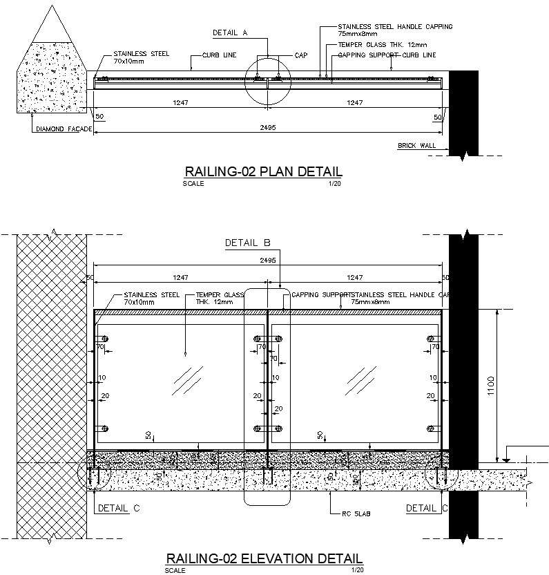 Railing With Plan And Elevation In Detail Autocad Drawing Cad File