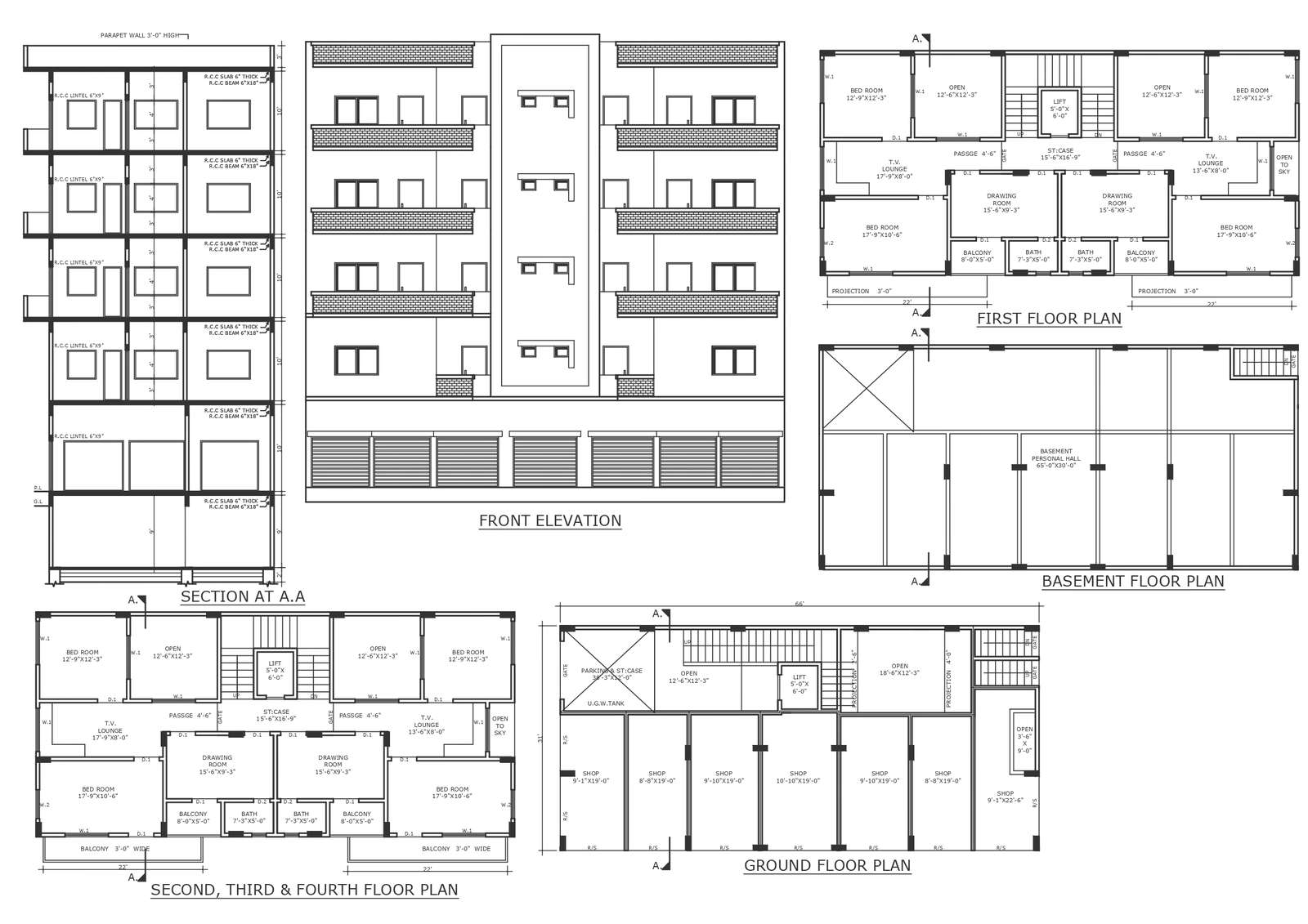 Shops And Godown Design On Ground And First Floor Of 5 Storey Apartment