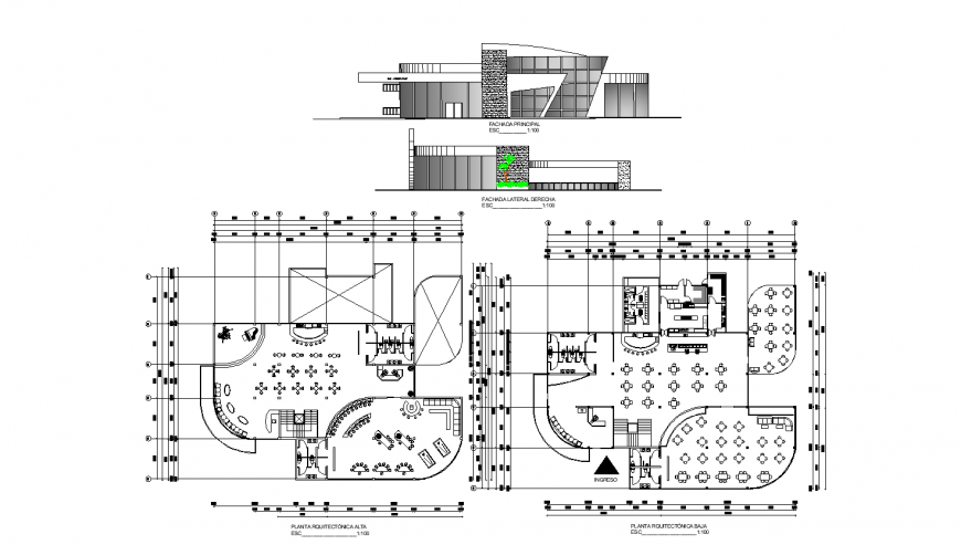 Main And Back Elevation Of Restaurant With Bar Cafeteria With Floor Plan Cad Drawing Details Dwg