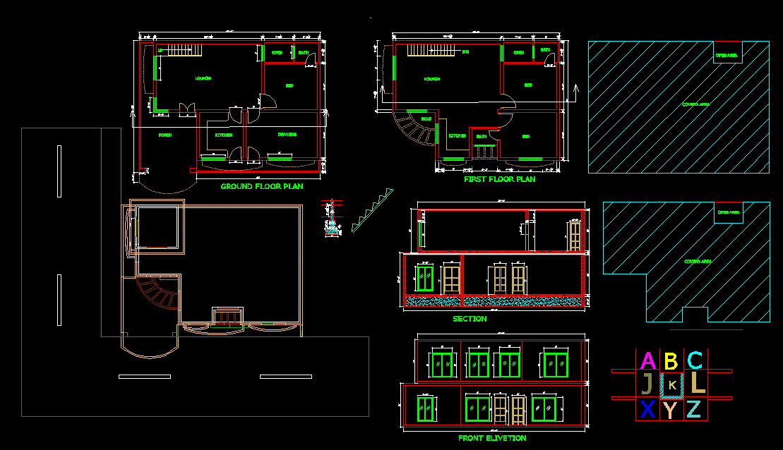 2 bhk house floor plan, section, and elevation are given. Download now.