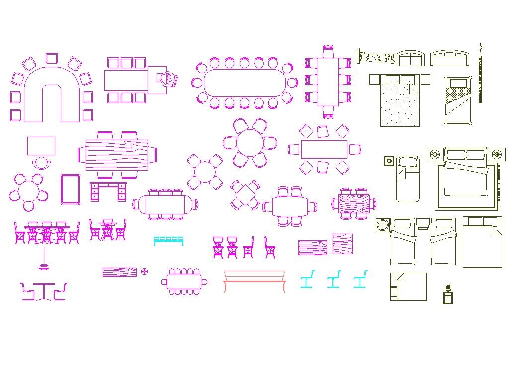Bed and dining table autocad blocks 