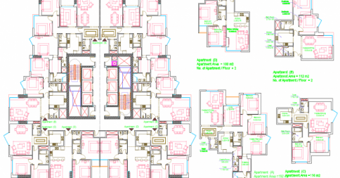 2 BHK & 3 BHK apartment design cad drawing is given in this cad file. Download this 2d cad file now.