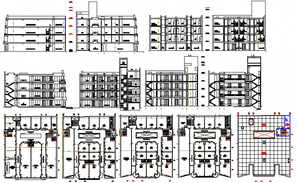 All sided elevations and sectional details of two-story shopping center ...