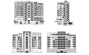 Front, back and side elevation of Residential housing building dwg file ...