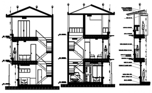 Two-level house elevation, section, ground and first floor plan details ...