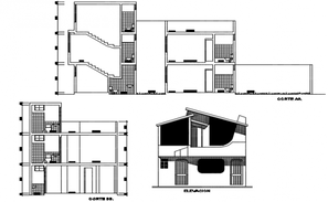 Office building elevation, sections, staircase sections, floor plan and ...