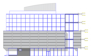 Multi-story convention center building all sided elevation and ...