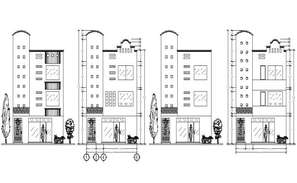 Multi-story city hospital facade elevation and sections cad drawing ...