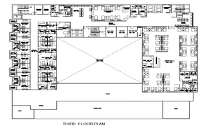 Multi-flooring maternity hospital facade and back elevation and section ...