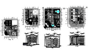 Hotel layout plan in dwg with four side elevation. Download the CAD ...