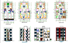 Multi-family apartment building all sided elevation, section and auto ...