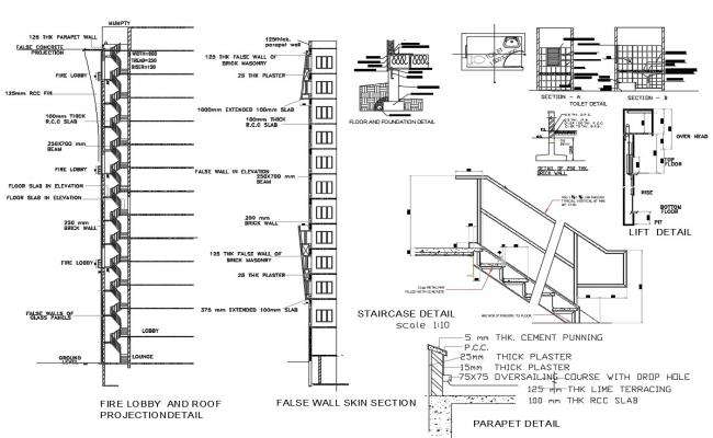 Staircases of three story building sections and constructive structure ...