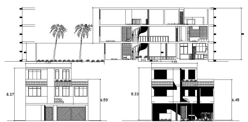 Drawings Elevation And Section Of Two Stories Apartment Dwg File Cadbull