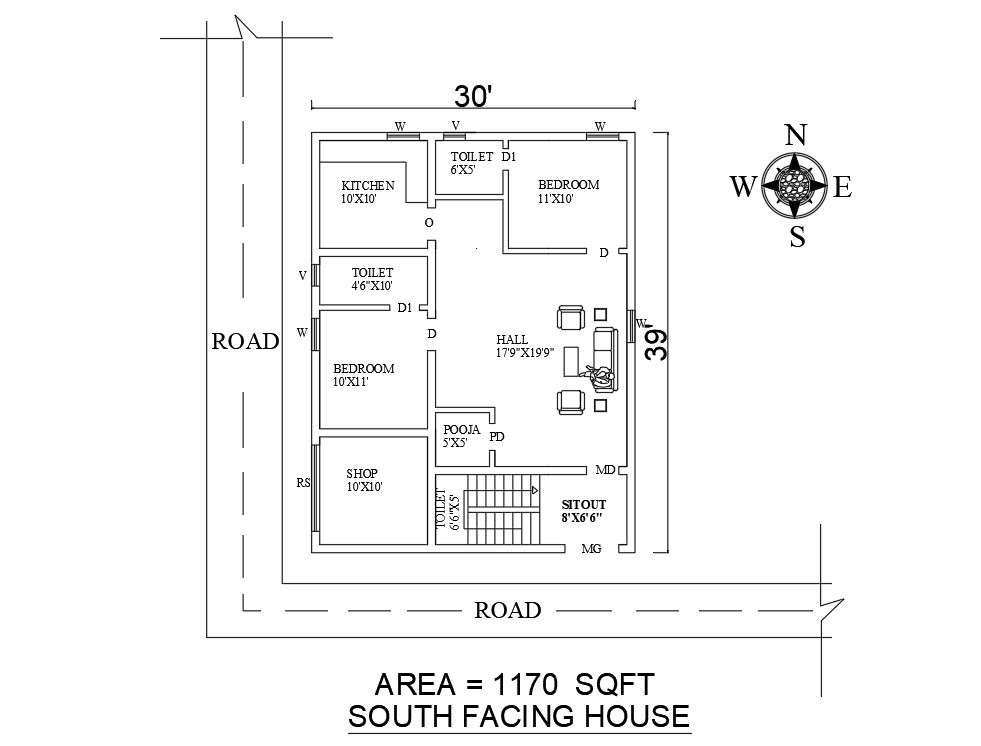 30'x39' 2BHK layout House Plan for DWG file - Cadbull