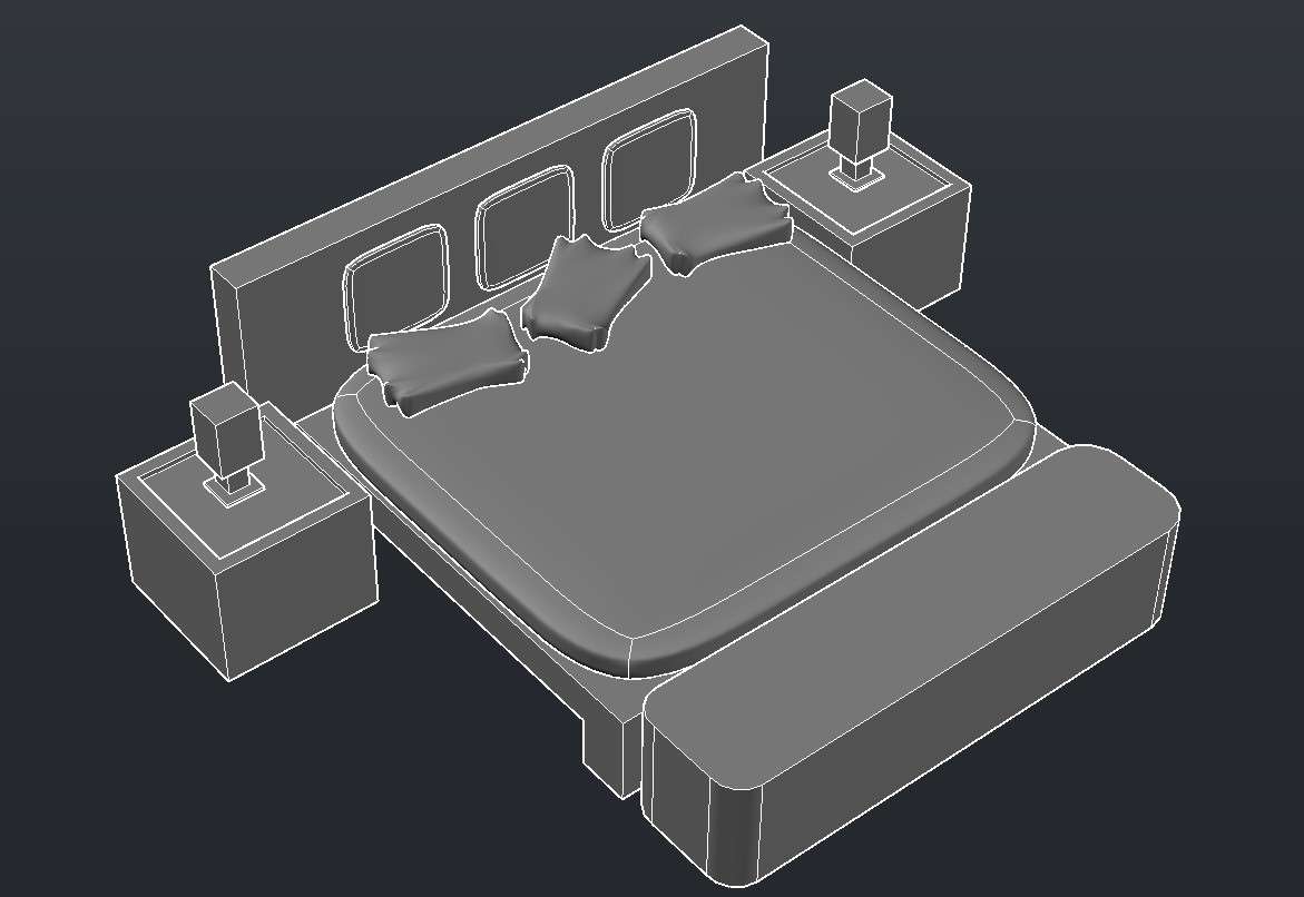 3D drawing of a double bed in Autocad Cadbull