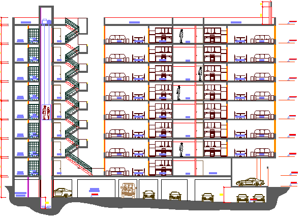 Full sectional view of multi-flooring housing flats project dwg file ...