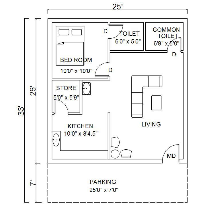 Simple 1 bhk house plan drawing