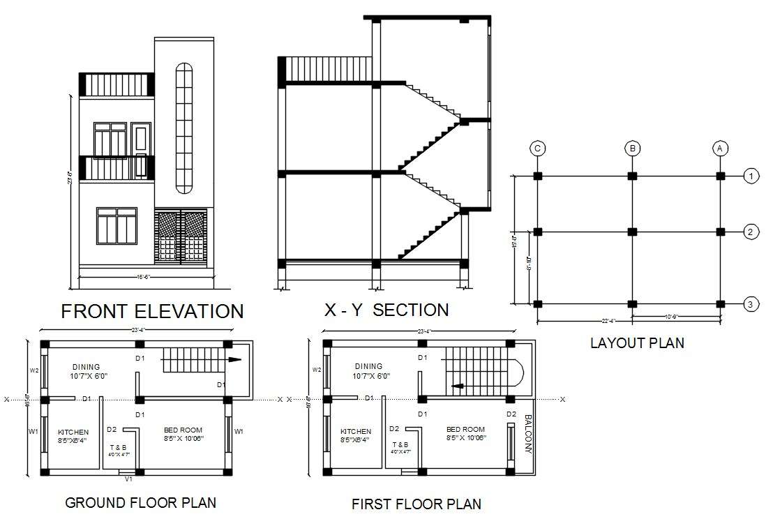 1 BHK Small House Plan And Sectional Elevation Design DWG