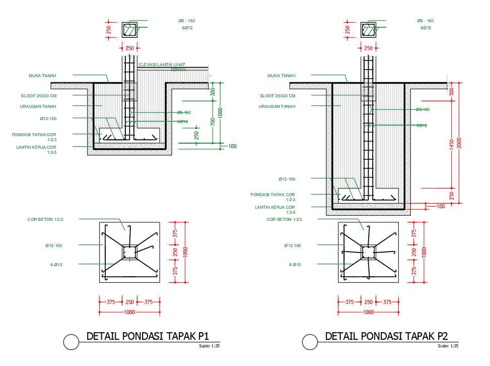 1000x1000mm foundation plan with section drawing - Cadbull