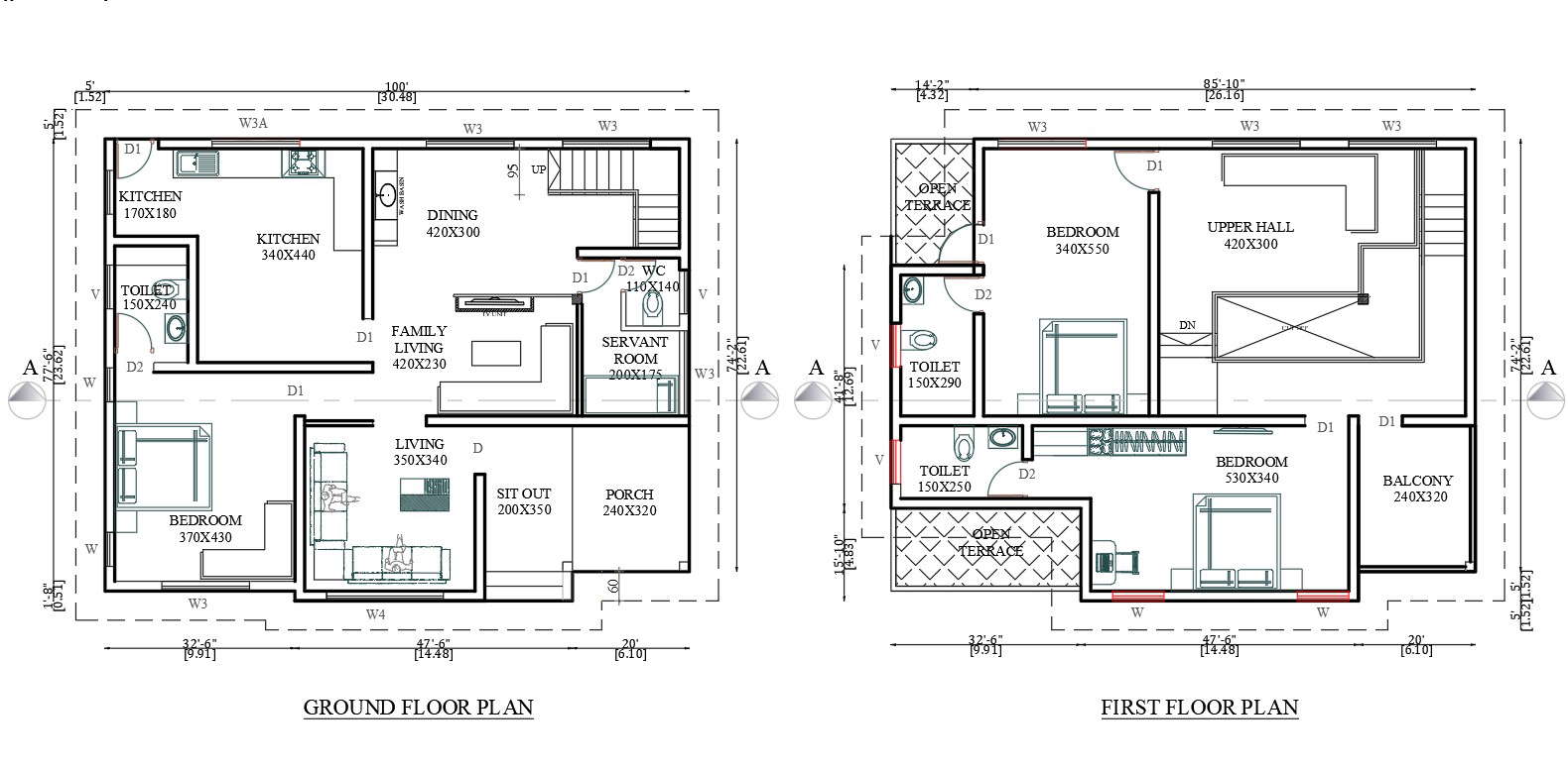 Residential House Ground And First Floor Plan Cad Drawing Details Dwg