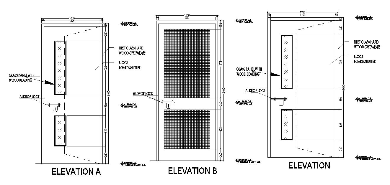 1050x2400mm door elevation drawings are given in this file - Cadbull