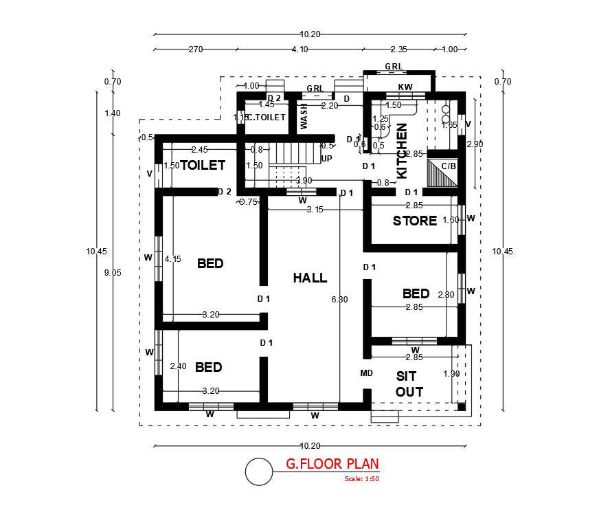 10x10m house plan with 3bhk AutoCAD file - Cadbull