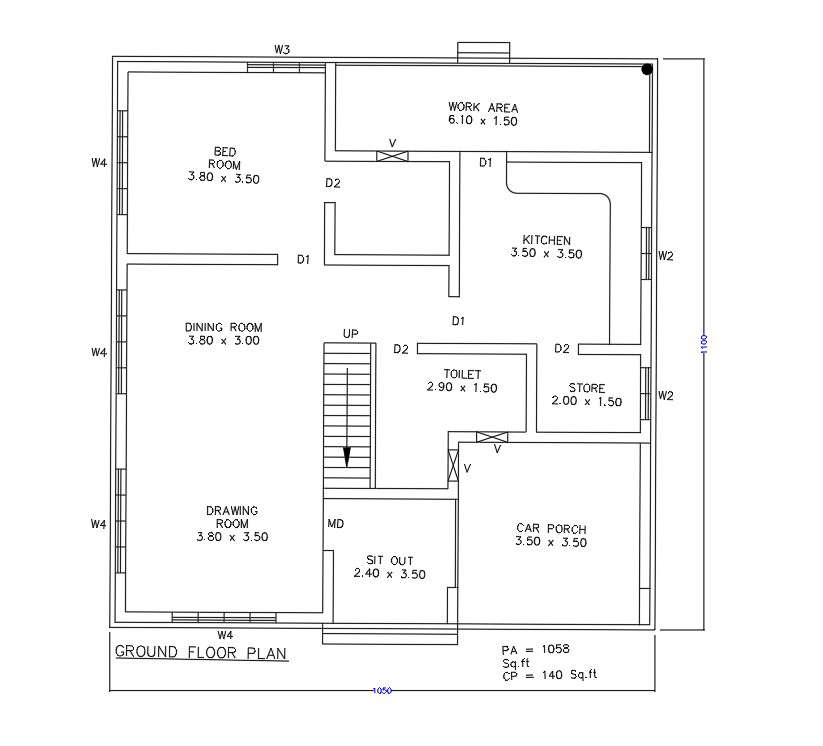 10x11m 1bhk house plan AutoCAD drawing - Cadbull