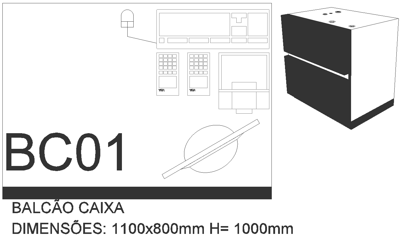 1100X800 MM Cash Counter plan and 3D view DWG AutoCAD drawing - Cadbull