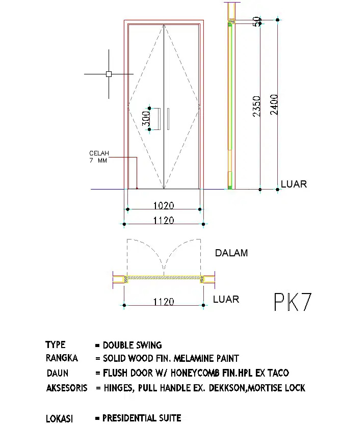 1120×2400 sized double swing door design is given in the AutoCAD