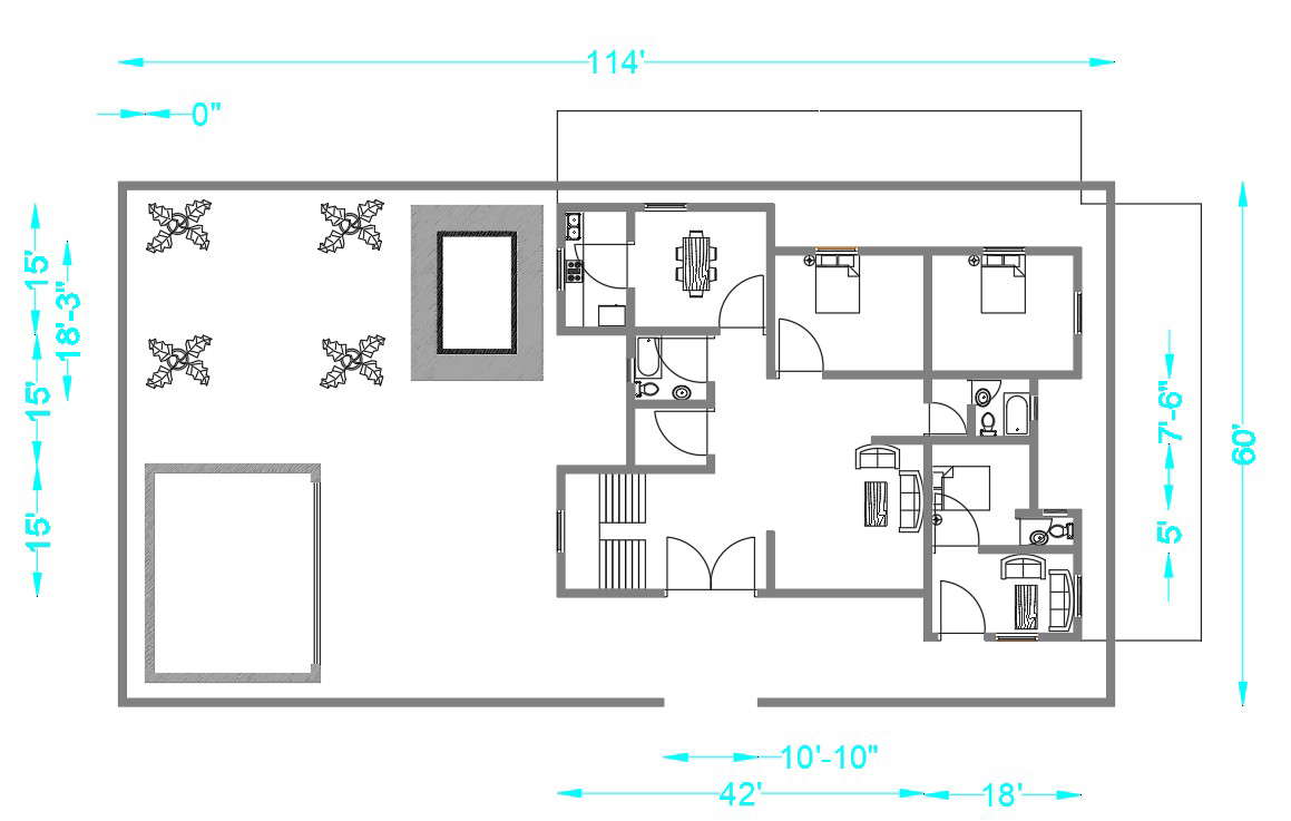 114x60 Trible Bedroom Single Storey House Floor Plan Is Given In This Autocad Dwg File