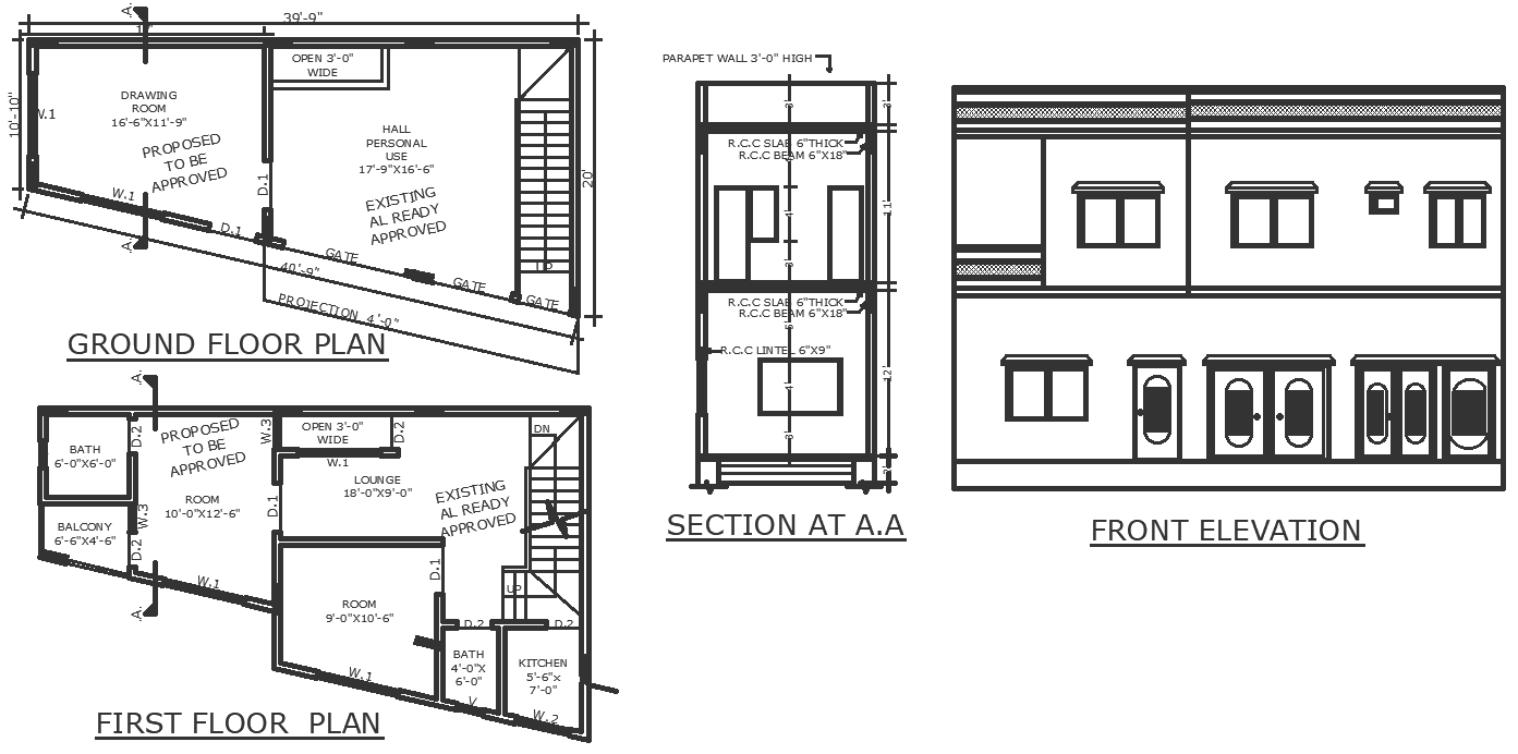 11X39 ft plot area house design detailed plan section elevation DWG ...