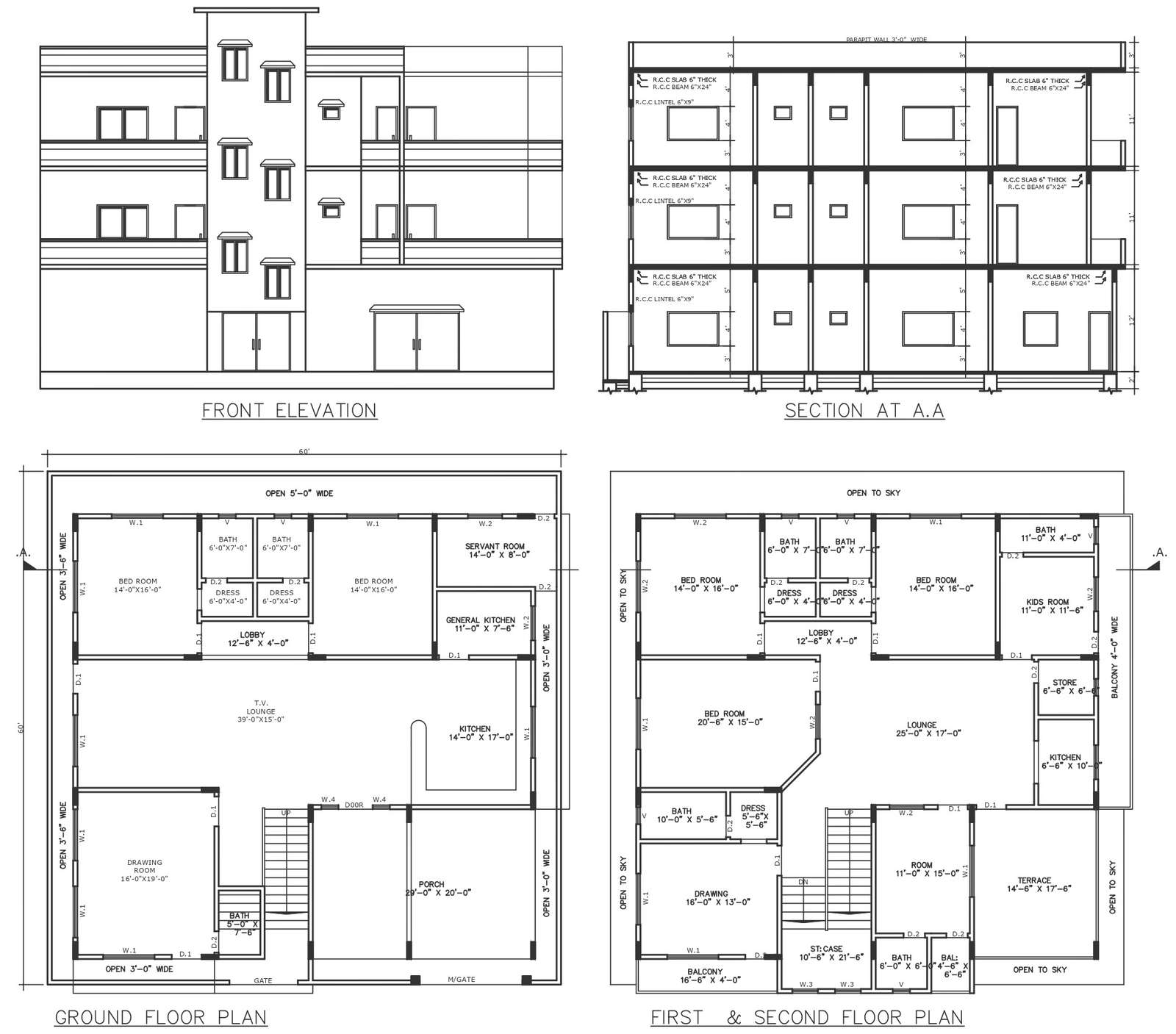 11ft highted bungalow design with detail of 6 X 24 inch beam DWG ...