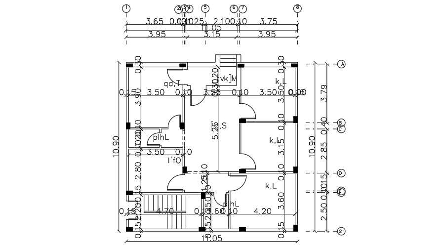 11x11 Meter 4 BHK Residential Centerline Plan DWG File - Cadbull