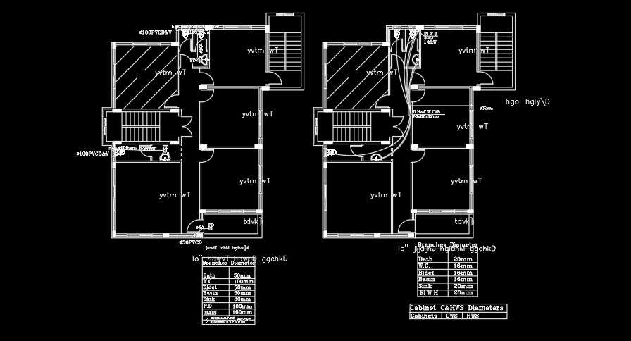 11x16m House Plan Ground And First Floor Sanitary Water Line Autocad Drawing Cadbull