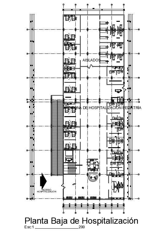 11x34m ground floor of hospitalization is given in this Autocad drawing ...