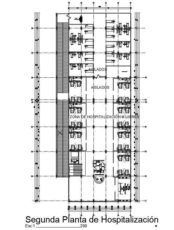 11x34m second floor of hospitalization is given in this Autocad drawing ...