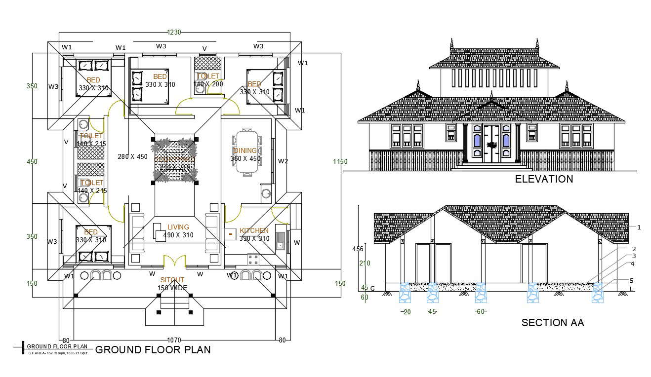 120 SQM House Plan Drawing Download DWG File Cadbull