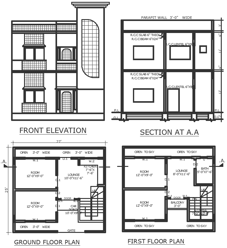 12x9 Ft Bedroom Design In Four Bhk House Detailed Plan Section And Elevation Dwg Autocad Drawing 2118