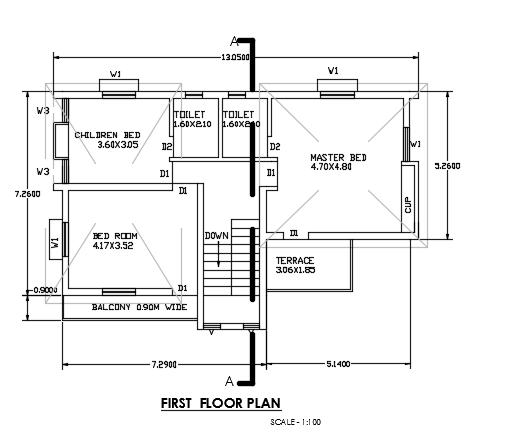 12x8m first floor plan 2D AutoCAD drawing is given in this model - Cadbull