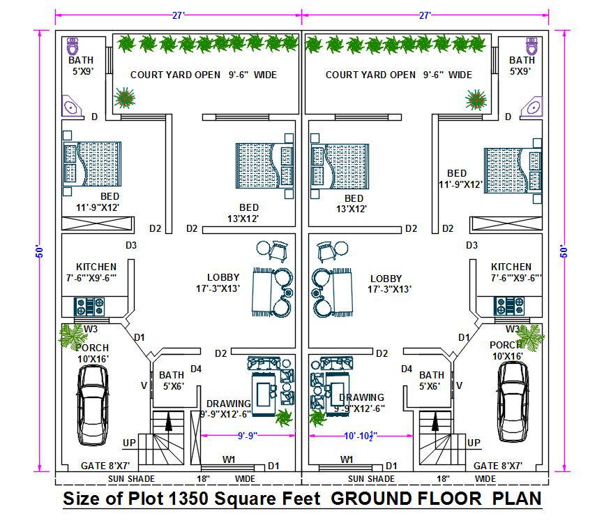 1350 Sqft House Ground Floor Plan With Furnniture Layout Drawing Dwg File Cadbull