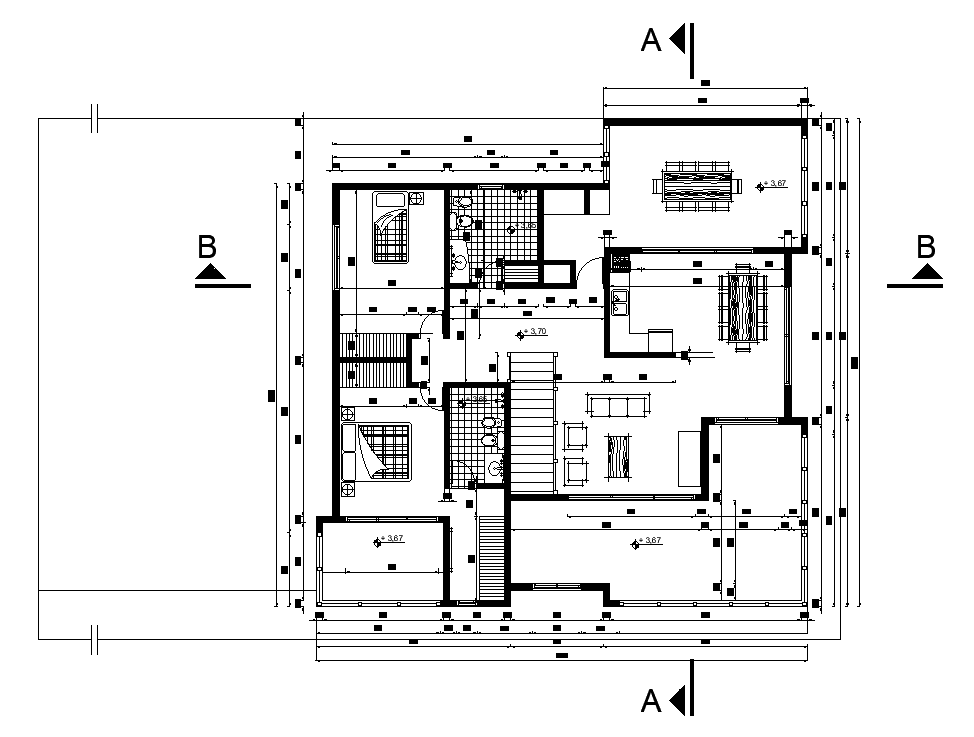 14x14m ground floor duplex house plan is given in this AutoCAD drawing ...