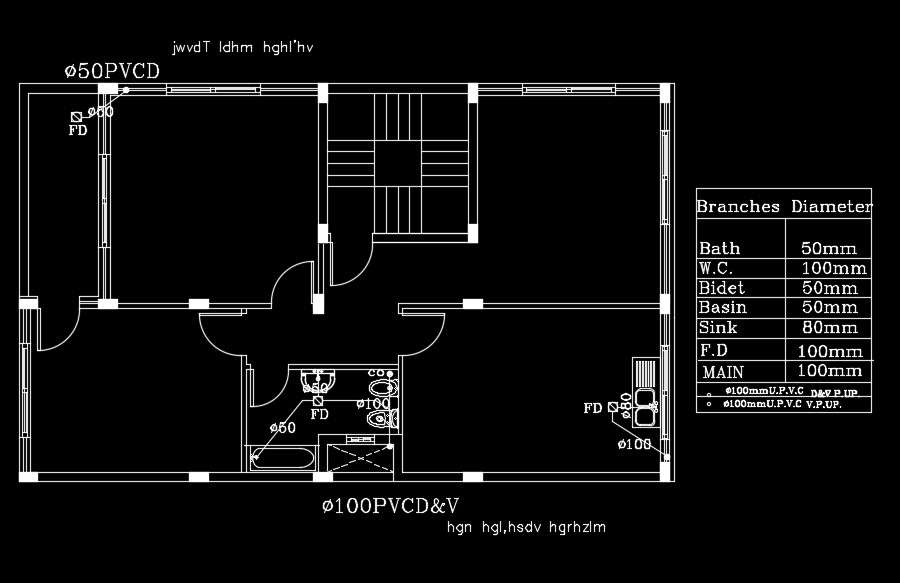 14x9m house plan of the water line branches diameter detail drawing ...