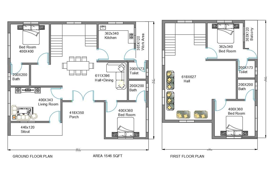 1500 Square Feet House Layout Plan AutoCAD Drawing DWG File - Cadbull