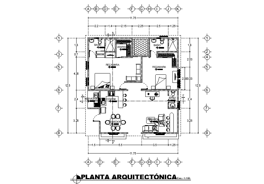 150 Square Meter House Centre Line Plan AutoCAD Drawing