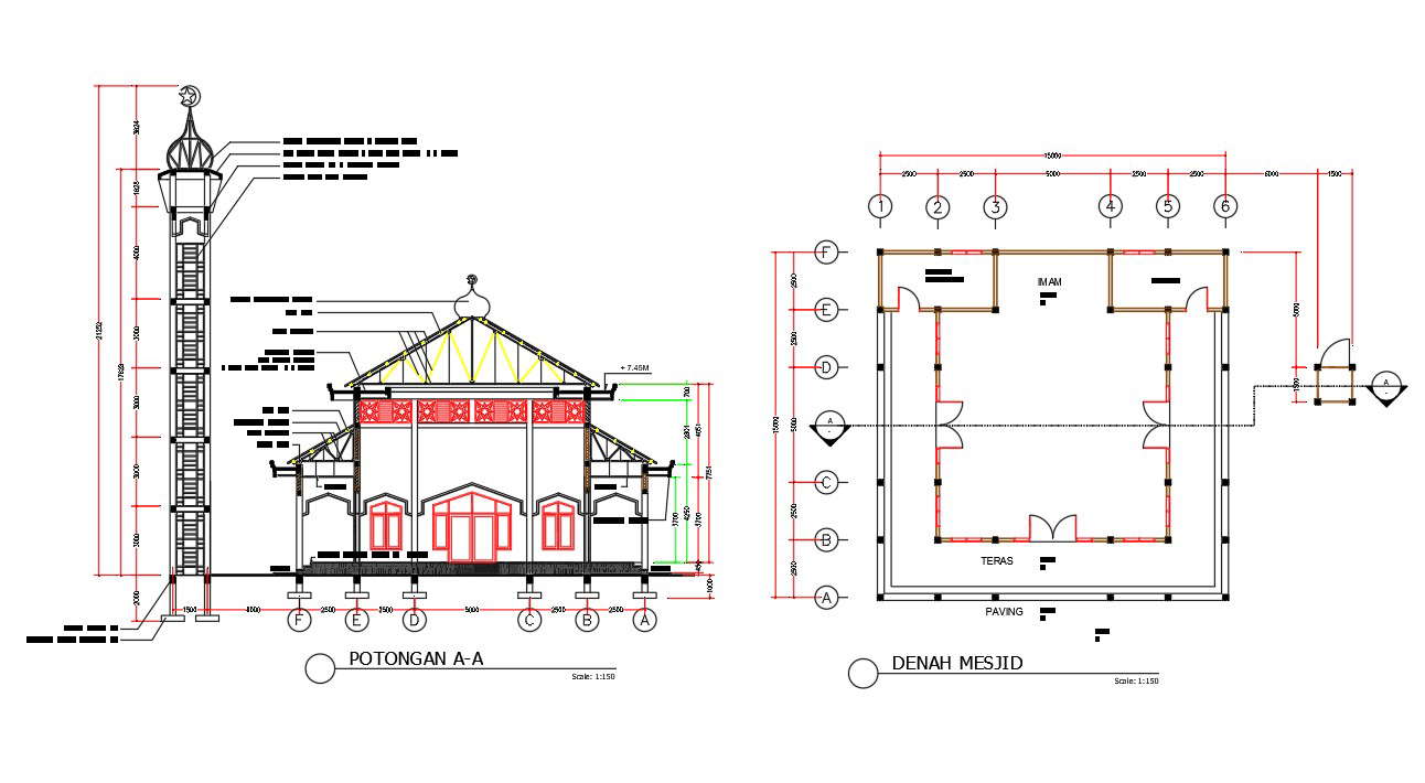 15x15m mesjid plan with section view drawing - Cadbull